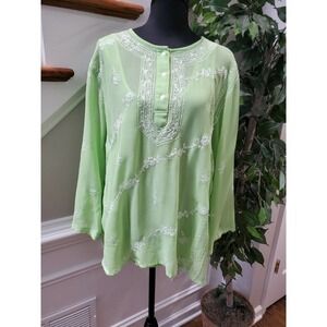 ChadWicks Women Green Polyester Henley Neck Short Sleeve Casual Shirt Size 20W